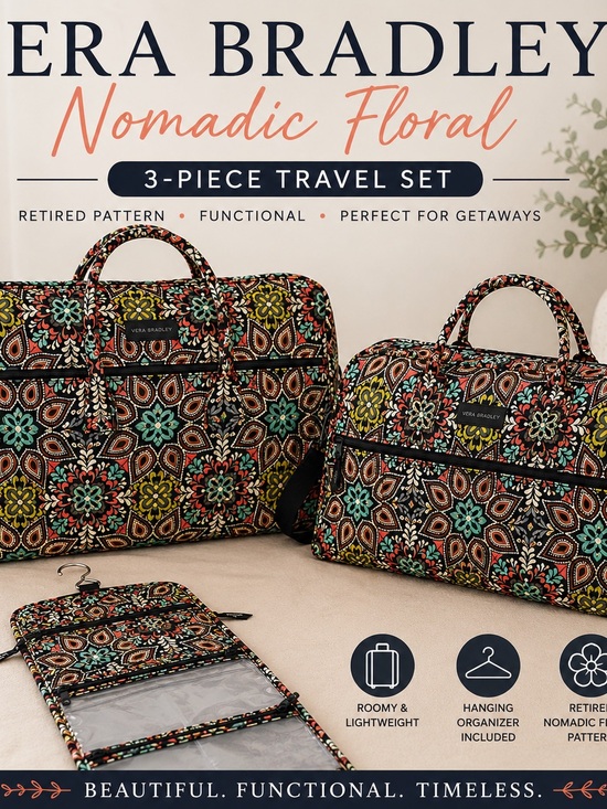 Vera Bradley Handbags - Vera Bradley Nomadic Floral 3 Pc Travel Set Duffel Weekender Hanging Organizer